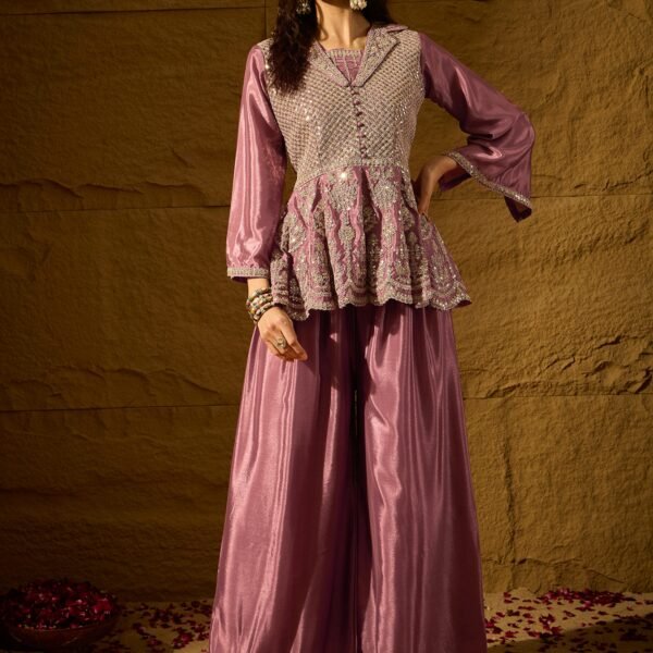 Purple Embroidered Flared Kurta Palazzo Set with Collar Neck
