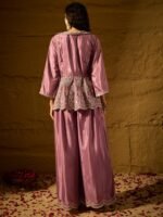 Purple Embroidered Flared Kurta Palazzo Set with Collar Neck