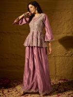 Purple Embroidered Flared Kurta Palazzo Set with Collar Neck