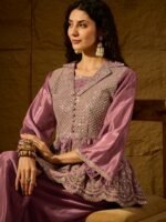 Purple Embroidered Flared Kurta Palazzo Set with Collar Neck