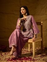 Purple Embroidered Flared Kurta Palazzo Set with Collar Neck
