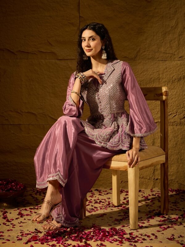 Purple Embroidered Flared Kurta Palazzo Set with Collar Neck