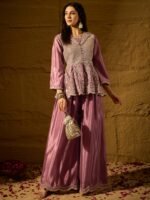 Purple Embroidered Flared Kurta Palazzo Set with Collar Neck