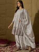 Light Grey Embroidered Kurta Palazzo Set with Chinon Dupatta