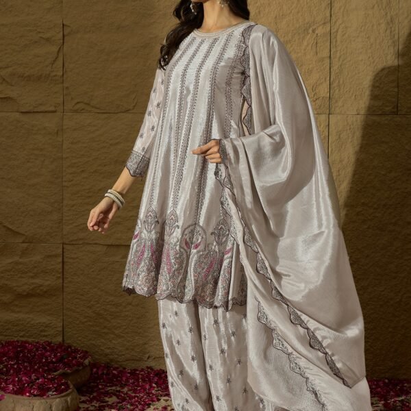 Light Grey Embroidered Kurta Palazzo Set with Chinon Dupatta