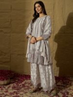 Light Grey Embroidered Kurta Palazzo Set with Chinon Dupatta