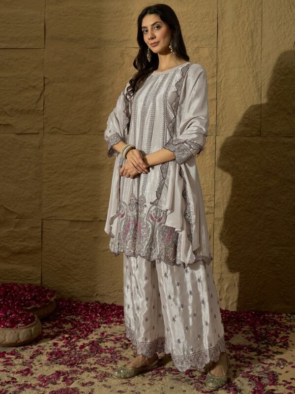 Light Grey Embroidered Kurta Palazzo Set with Chinon Dupatta