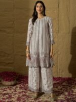Light Grey Embroidered Kurta Palazzo Set with Chinon Dupatta