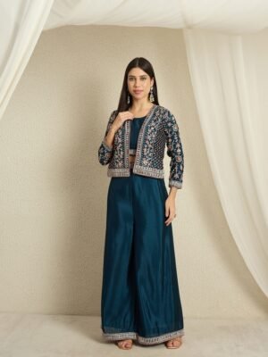 Rama Embroidered Kurta Palazzo Set | Jacket | Round Neck | Waist Length