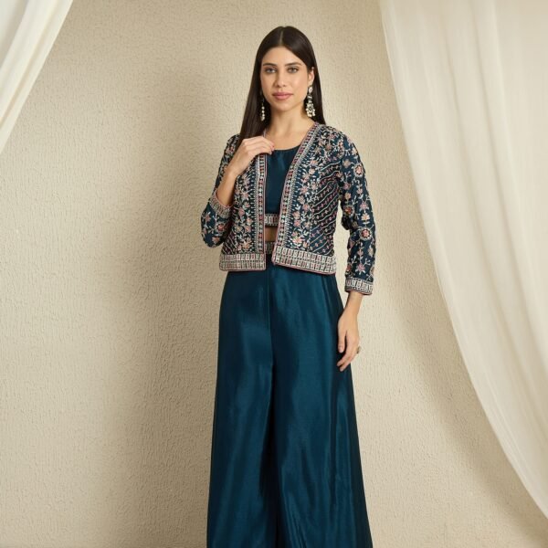 Rama Embroidered Kurta Palazzo Set | Jacket | Round Neck | Waist Length