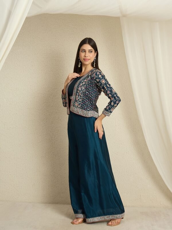Rama Embroidered Kurta Palazzo Set | Jacket | Round Neck | Waist Length