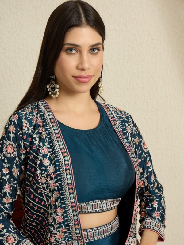 Rama Embroidered Kurta Palazzo Set | Jacket | Round Neck | Waist Length