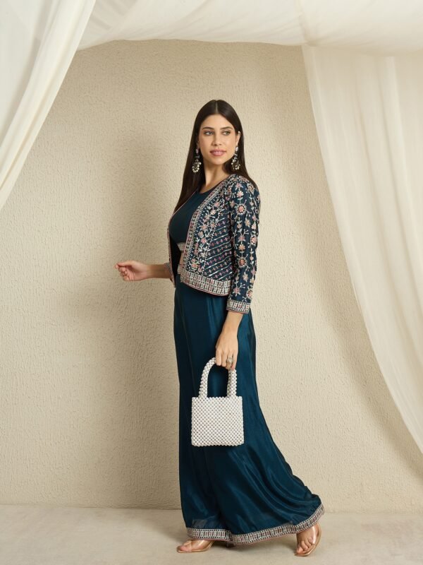 Rama Embroidered Kurta Palazzo Set | Jacket | Round Neck | Waist Length