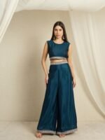 Rama Embroidered Kurta Palazzo Set | Jacket | Round Neck | Waist Length
