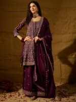 Purple Embroidered Flared Kurta Palazzo Set with Chinon Dupatta