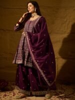 Purple Embroidered Flared Kurta Palazzo Set with Chinon Dupatta