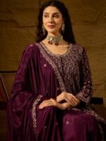 Purple Embroidered Flared Kurta Palazzo Set with Chinon Dupatta