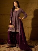 Purple Embroidered Flared Kurta Palazzo Set with Chinon Dupatta