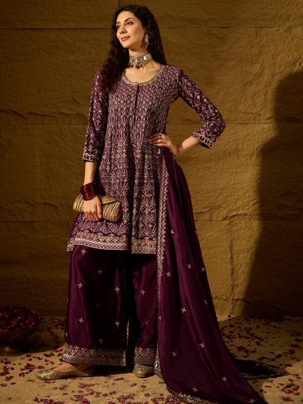 Purple Embroidered Flared Kurta Palazzo Set with Chinon Dupatta