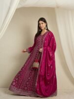 Maroon Embroidered A-Line Gown | V Neck | Full Length Chinon