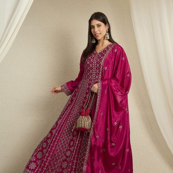 Maroon Embroidered A-Line Gown | V Neck | Full Length Chinon