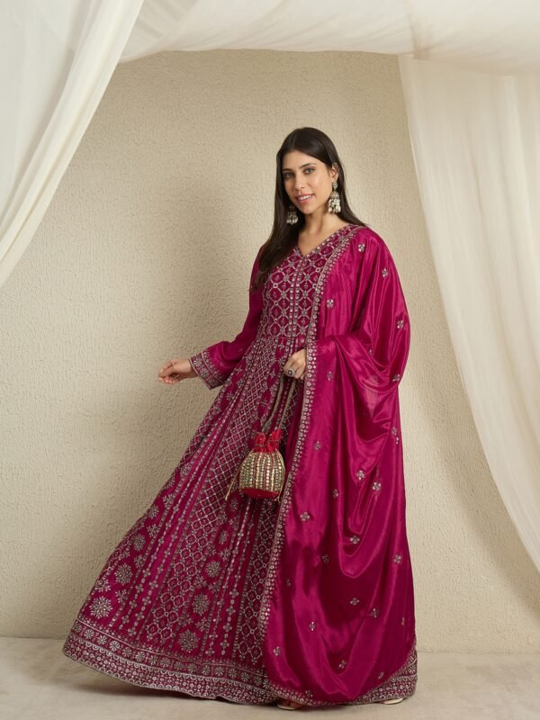 Maroon Embroidered A-Line Gown | V Neck | Full Length Chinon