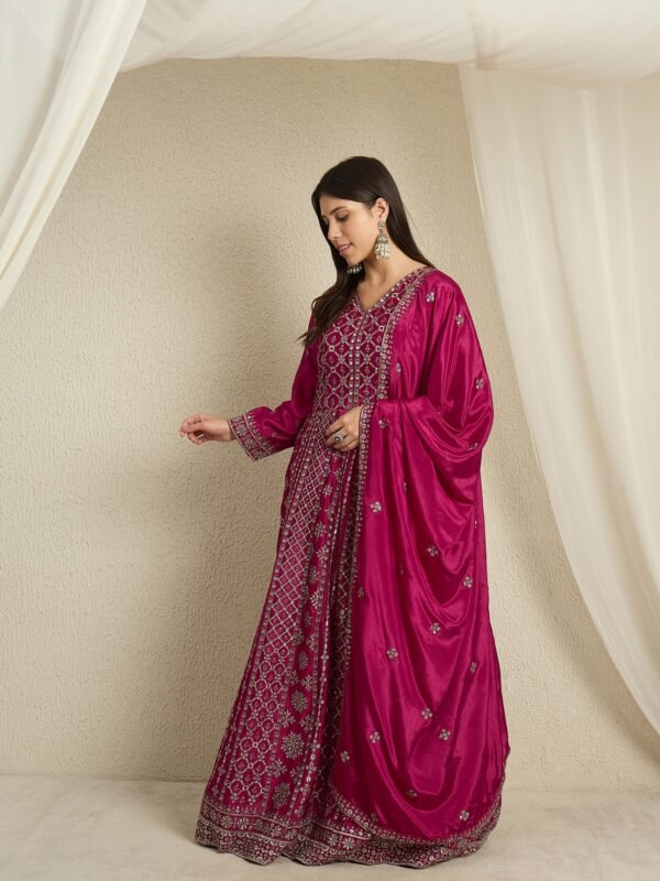 Maroon Embroidered A-Line Gown | V Neck | Full Length Chinon