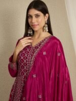 Maroon Embroidered A-Line Gown | V Neck | Full Length Chinon