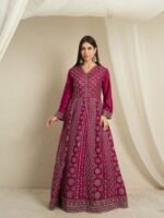 Maroon Embroidered A-Line Gown | V Neck | Full Length Chinon