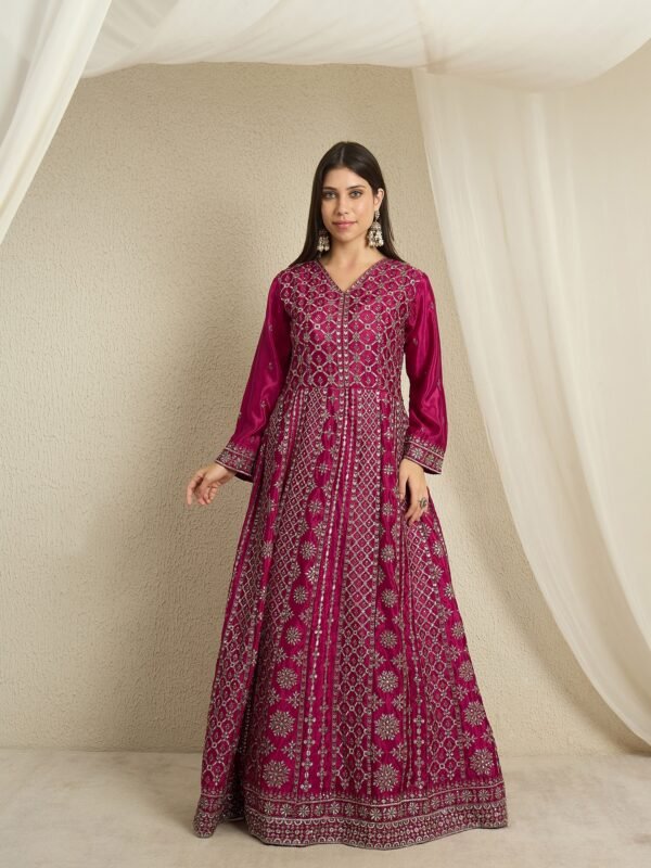 Maroon Embroidered A-Line Gown | V Neck | Full Length Chinon