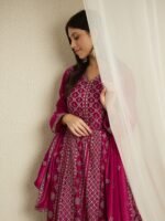 Maroon Embroidered A-Line Gown | V Neck | Full Length Chinon