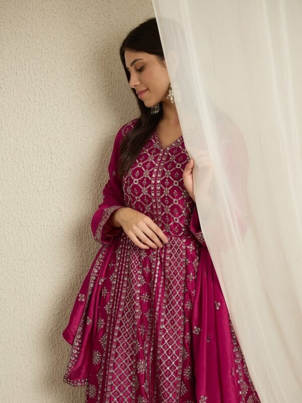 Maroon Embroidered A-Line Gown | V Neck | Full Length Chinon