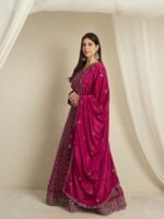 Maroon Embroidered A-Line Gown | V Neck | Full Length Chinon