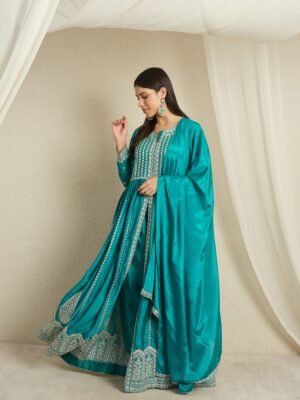 Teal Embroidered Anarkali Kurta Palazzo | Round Neck | Full Length