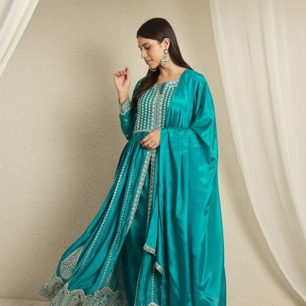 Teal Embroidered Anarkali Kurta Palazzo | Round Neck | Full Length