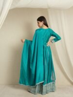 Teal Embroidered Anarkali Kurta Palazzo | Round Neck | Full Length