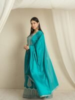 Teal Embroidered Anarkali Kurta Palazzo | Round Neck | Full Length