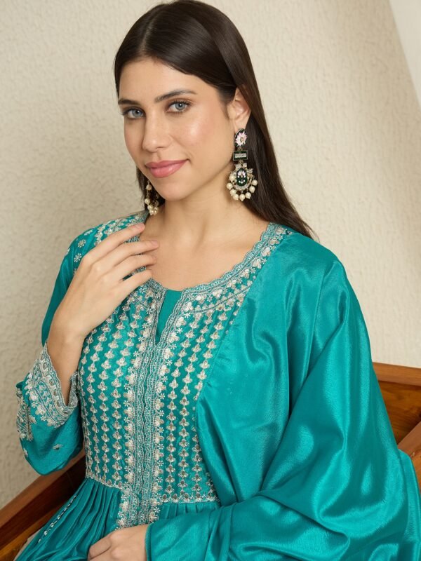 Teal Embroidered Anarkali Kurta Palazzo | Round Neck | Full Length