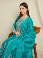 Teal Embroidered Anarkali Kurta Palazzo | Round Neck | Full Length