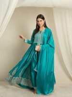 Teal Embroidered Anarkali Kurta Palazzo | Round Neck | Full Length
