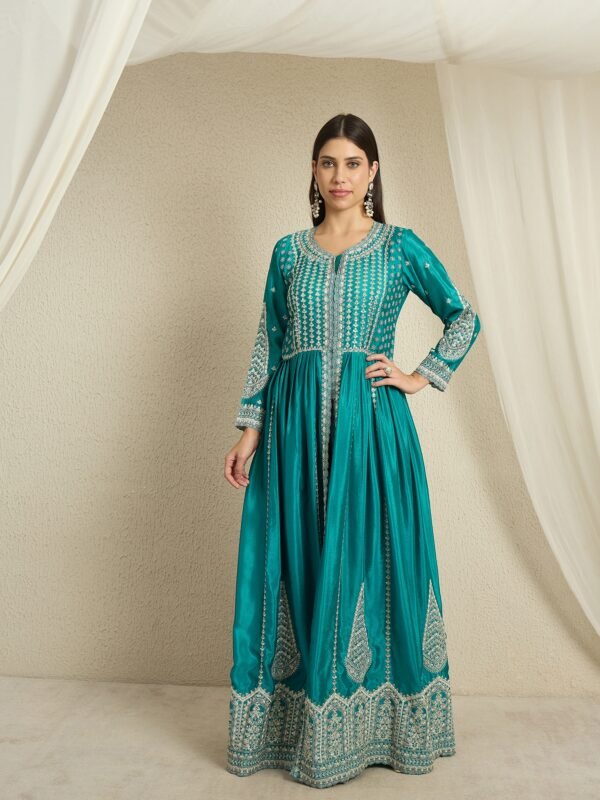Teal Embroidered Anarkali Kurta Palazzo | Round Neck | Full Length