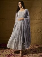 Grey Embroidered Faux Georgette Anarkali Gown with Lace Dupatta