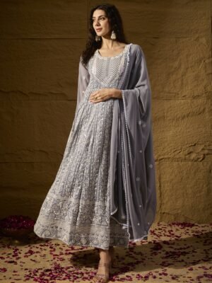 Grey Embroidered Faux Georgette Anarkali Gown with Lace Dupatta