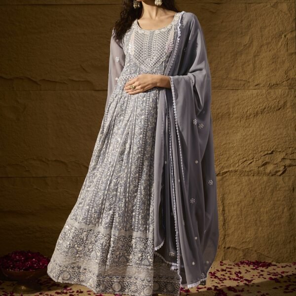 Grey Embroidered Faux Georgette Anarkali Gown with Lace Dupatta