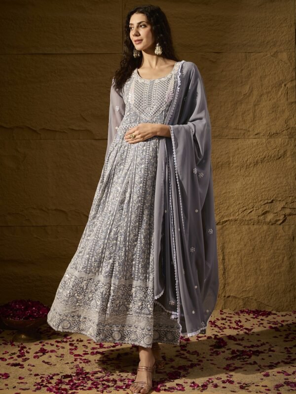 Grey Embroidered Faux Georgette Anarkali Gown with Lace Dupatta