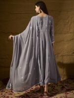 Grey Embroidered Faux Georgette Anarkali Gown with Lace Dupatta
