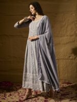 Grey Embroidered Faux Georgette Anarkali Gown with Lace Dupatta