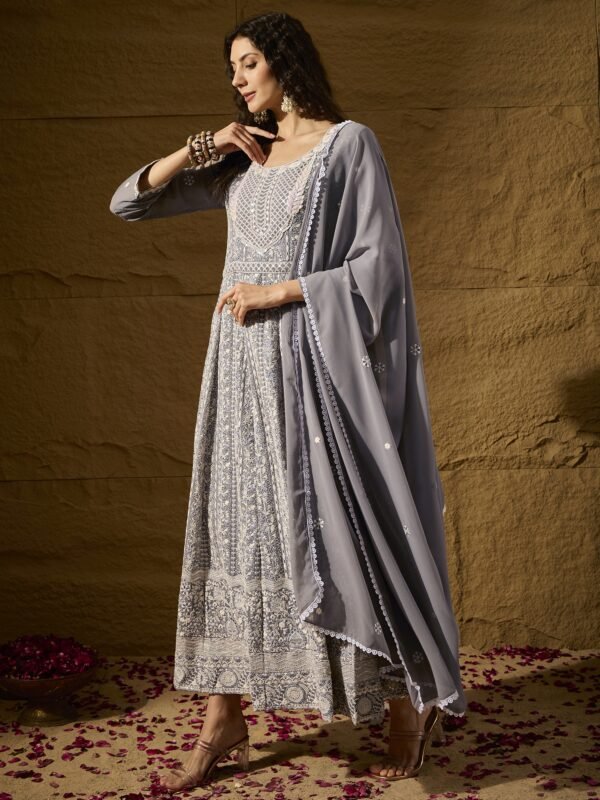 Grey Embroidered Faux Georgette Anarkali Gown with Lace Dupatta