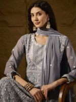 Grey Embroidered Faux Georgette Anarkali Gown with Lace Dupatta