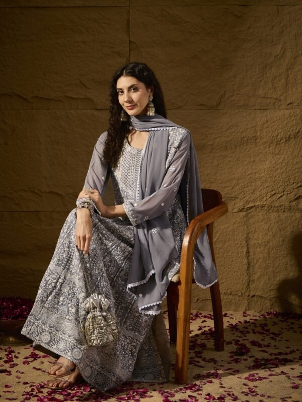 Grey Embroidered Faux Georgette Anarkali Gown with Lace Dupatta